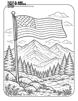 Free printable kids Memorial Day coloring page of an American flag in a scenic mountain landscape with trees.