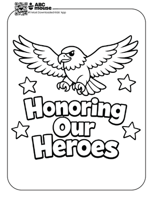 Free printable kids Memorial Day coloring page of an eagle with wings spread and “Honoring Our Heroes” text surrounded by stars.
