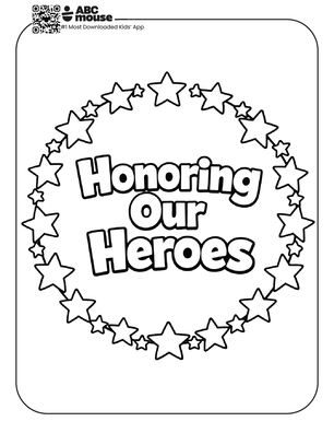 Free printable kids Memorial Day coloring page of a wreath made of stars with “Honoring Our Heroes” text in the center.