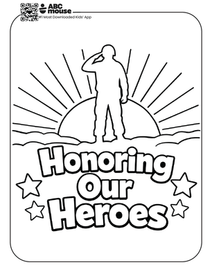 Free printable kids Memorial Day coloring page of a soldier saluting with “Honoring Our Heroes” text and sun rays in the background.