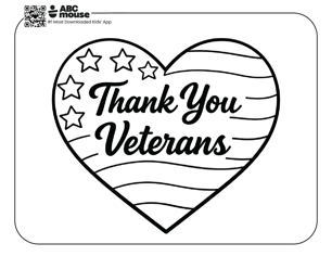 Free printable kids Memorial Day coloring page featuring a heart filled with an American flag pattern and “Thank You Veterans” text.