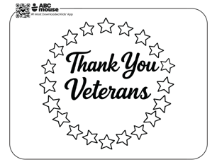Free printable kids Memorial Day coloring page with “Thank You Veterans” text surrounded by a circle of stars.