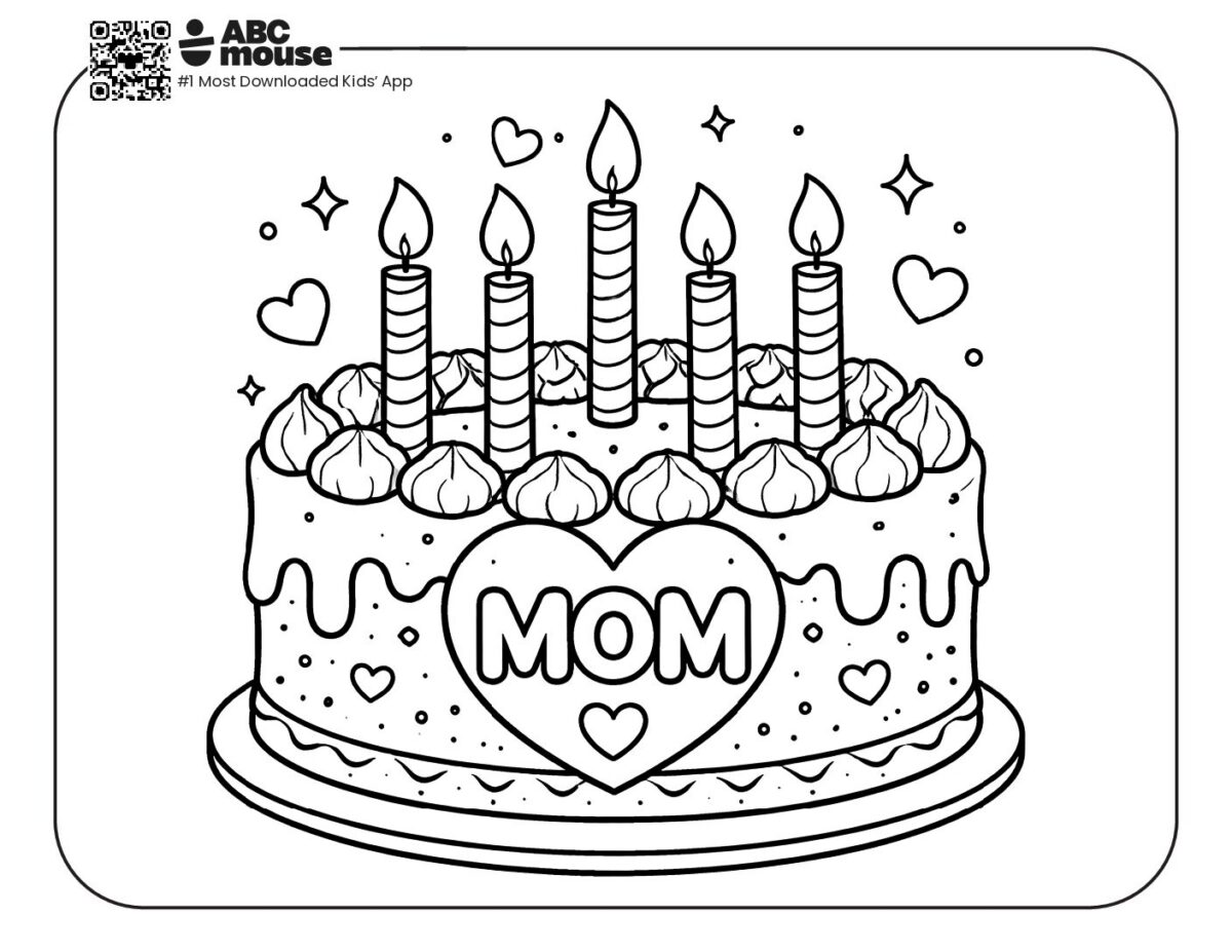 Mother’s Day cake Coloring Page with hearts and candles | ABCmouse