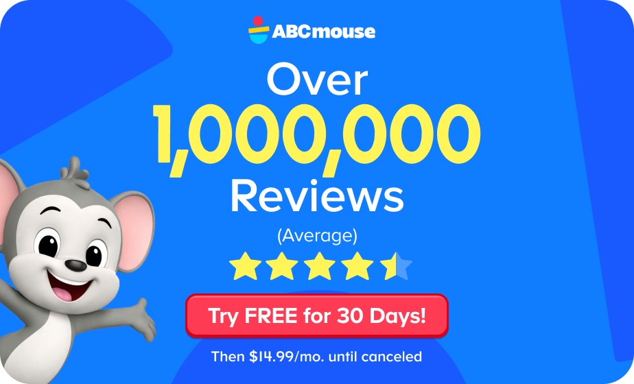 ABCmouse banner: left cartoon mouse, blue background, 'Over 1,000,000 Reviews (Average)' with red 'Try FREE for 30 Days!' button