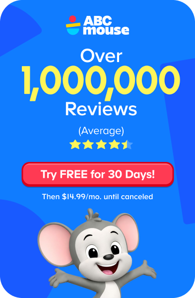 Blue ABCmouse promo card with 'Over 1,000,000 Reviews (Average)' and five stars, a red rounded 'Try FREE for 30 Days!' button, pricing text, and a friendly cartoon mouse at the bottom.