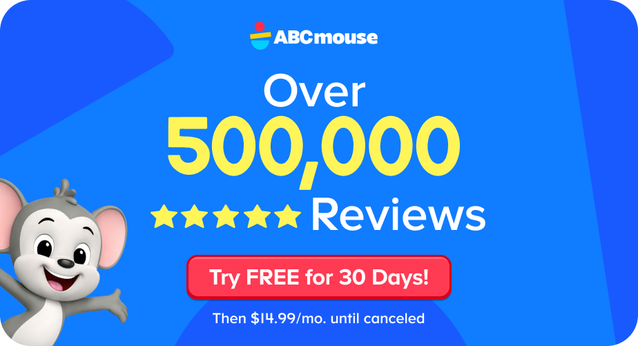 Blue ABCmouse banner with 'Over 500,000 Reviews', five stars, cartoon mouse on the left, and a red 'Try FREE for 30 Days!' button.
