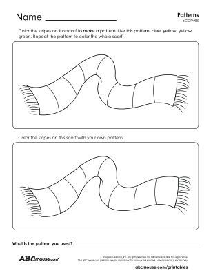 Two wavy striped scarves with fringed ends on a white worksheet, used for practicing color patterns; top and bottom scarves each have segmented sections to color.