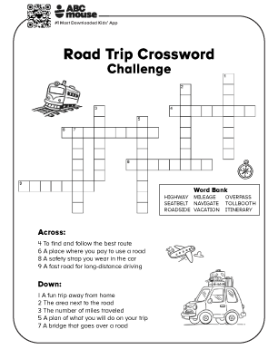 Free printable road trip challenge crossword for kids from ABCmouse.com.