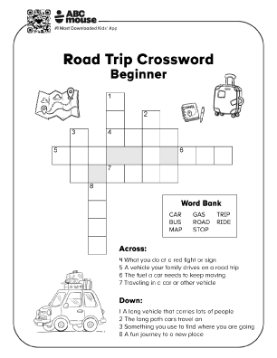 Free printable road trip beginner crossword for kids from ABCmouse.com.