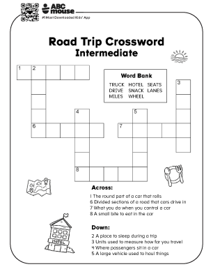 Free printable road trip intermediate crossword for kids from ABCmouse.com.