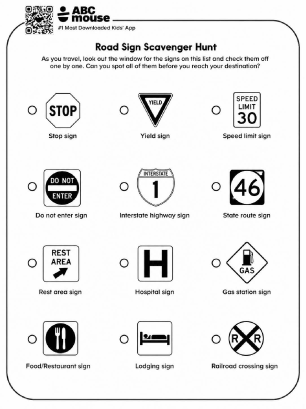 Free printable road trip road sign game in black and white for kids from ABCmouse.com.