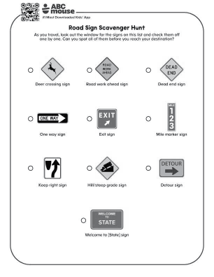 Free printable road trip road sign game in black and white for kids from ABCmouse.com.