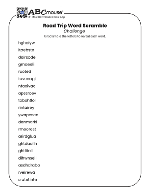 Free printable road trip road challenge word scramble for kids from ABCmouse.com.