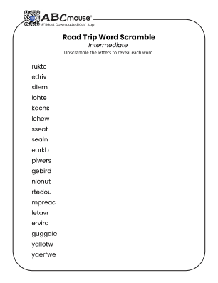 Free printable road trip road intermediate word scramble for kids from ABCmouse.com.
