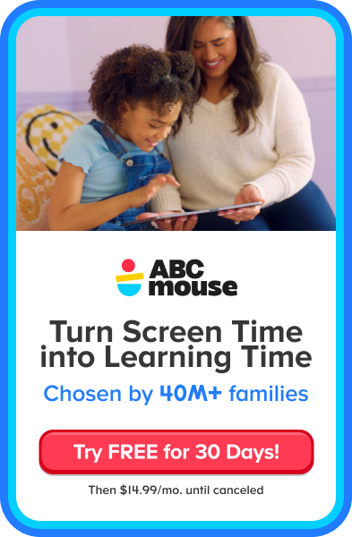 Mother and child learning on a tablet in an ABCmouse ad, featuring the slogan “Turn Screen Time into Learning Time” and a red “Try FREE for 30 Days” button.