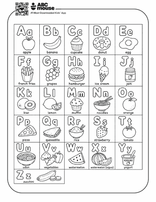 Free printable alphabet A-Z food coloring pages for kids from ABCmouse.com.