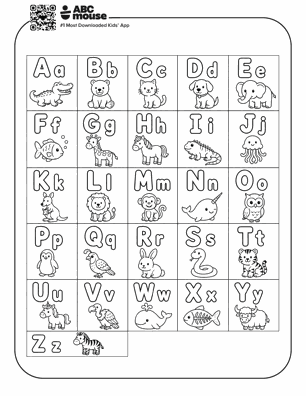 Free printable alphabet A-Z animal coloring pages for kids from ABCmouse.com.