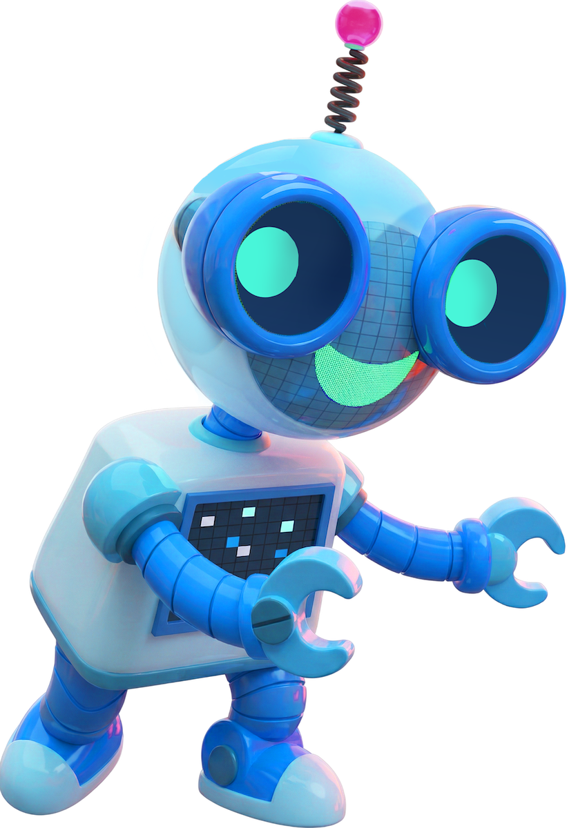 Friendly blue robot character with oversized round eyes and a coil antenna, waving hello.