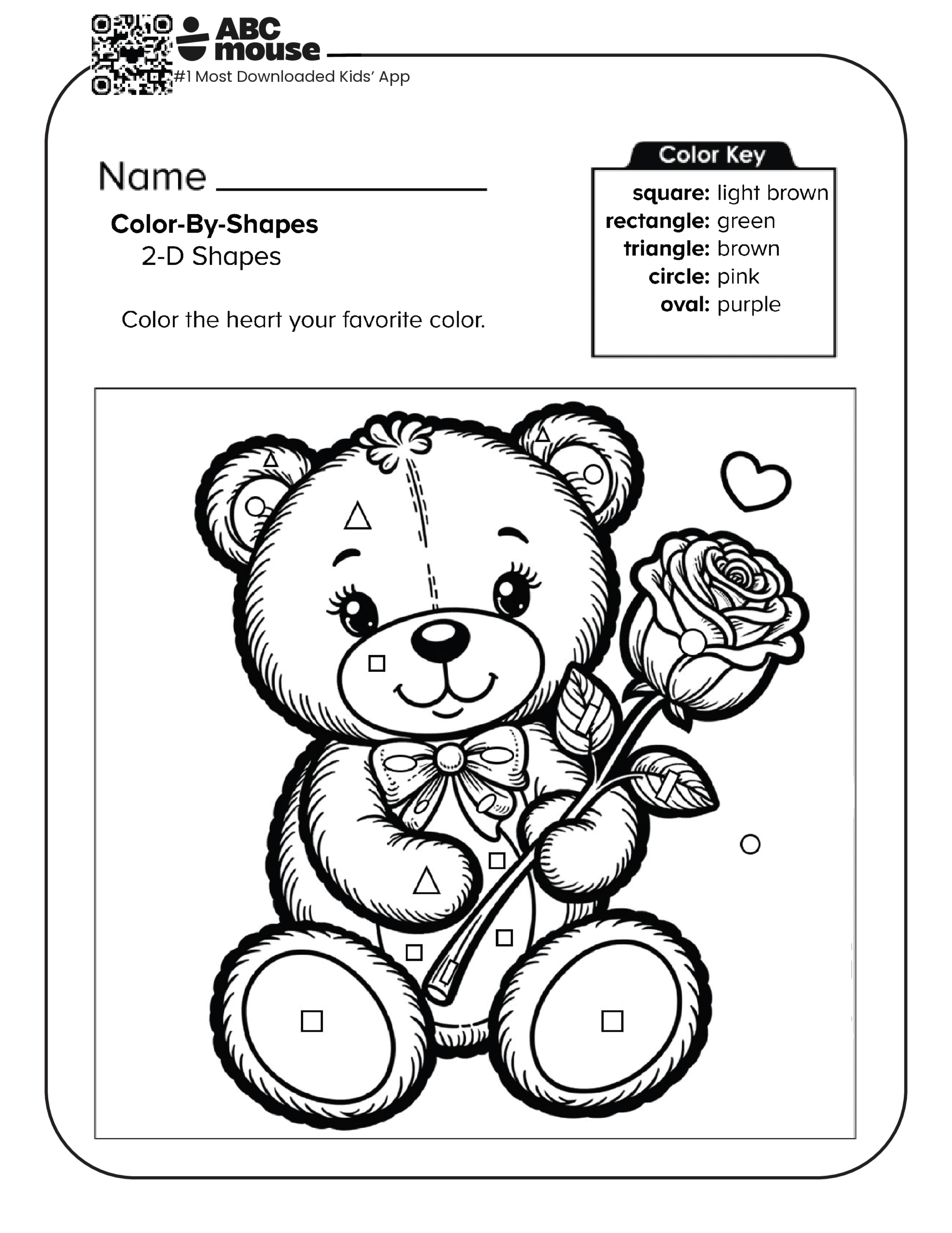 Color by Shape teddy bear worksheet with bear holding a flower