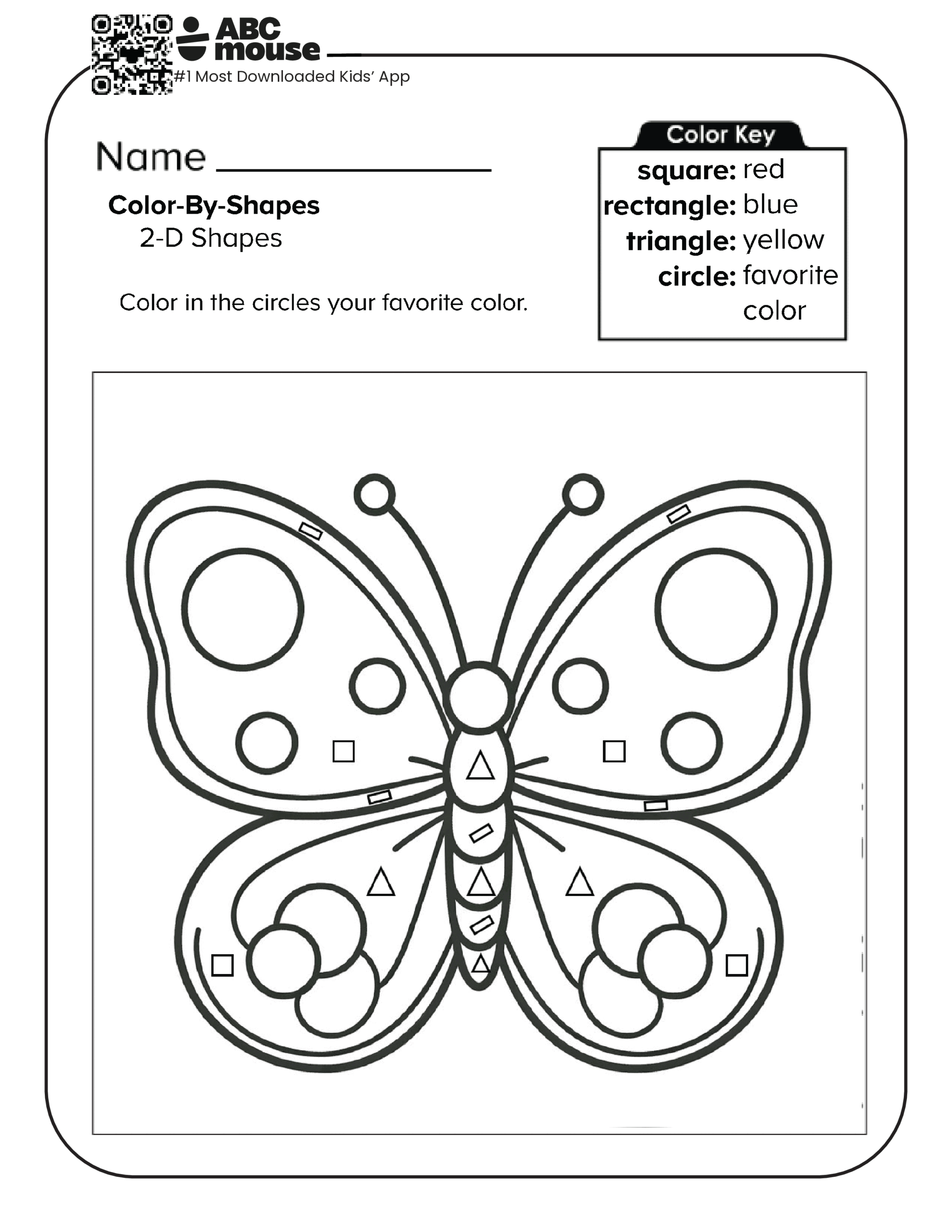 Color by Shape butterfly worksheet with large patterned butterfly design