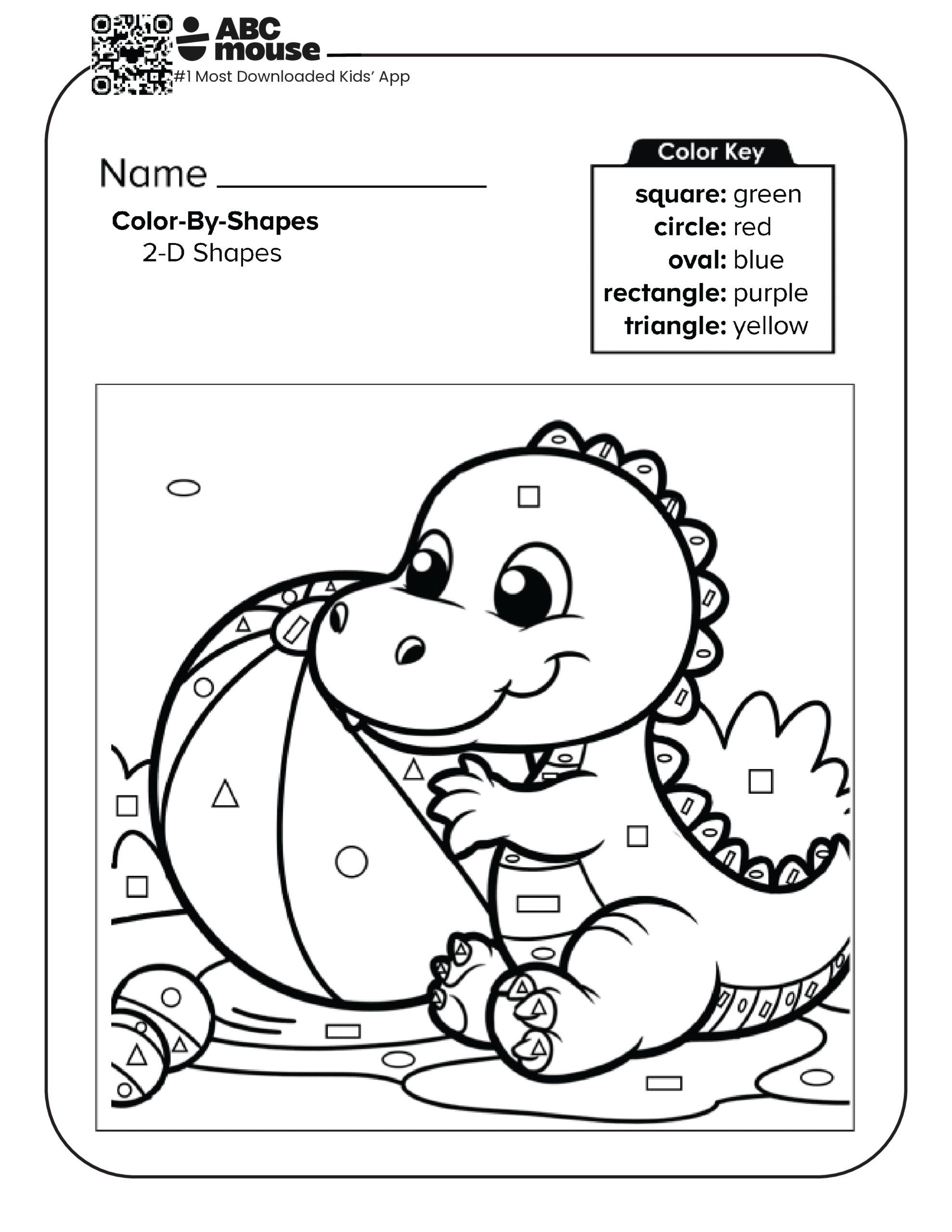Color by Shape baby dinosaur worksheet with cute dinosaur holding an egg