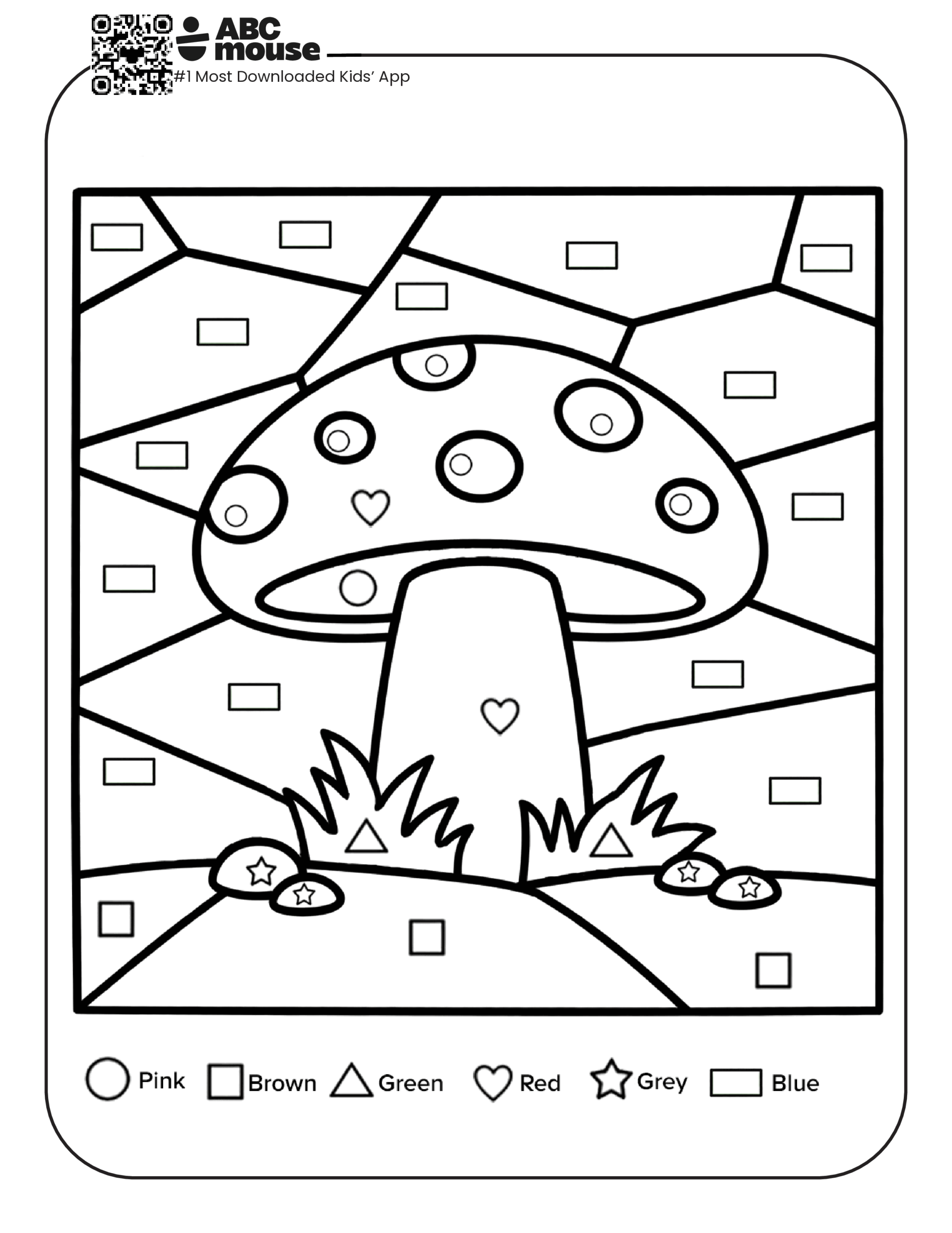 Color by Number Mushroom worksheet with a large spotted mushroom and grass