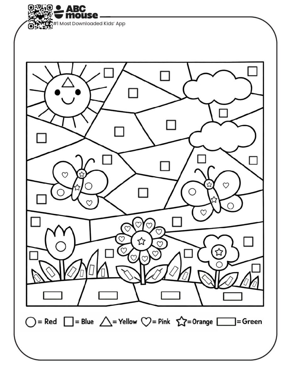Spring Color By Shape Color-by-Shape Spring Scene Coloring Page with Flowers and Butterflies ...