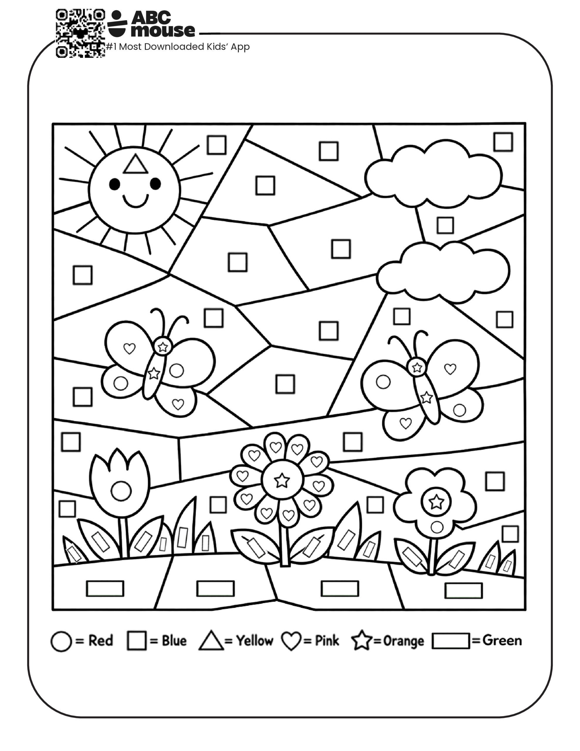 Color by Shape Spring Scene worksheet with flowers, butterflies, sun, and clouds