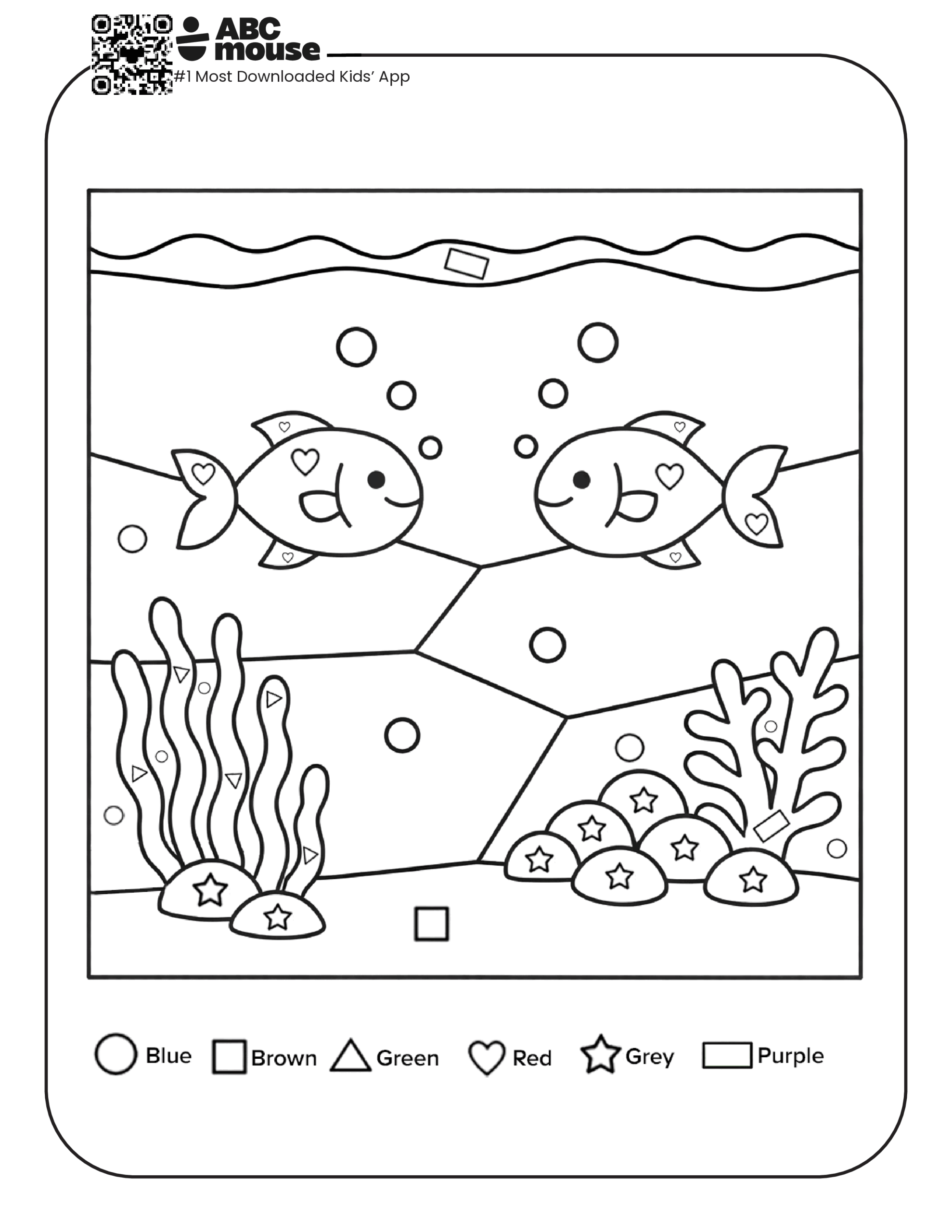 Color by Shape Fish Scene worksheet with two fish underwater and sea plants
