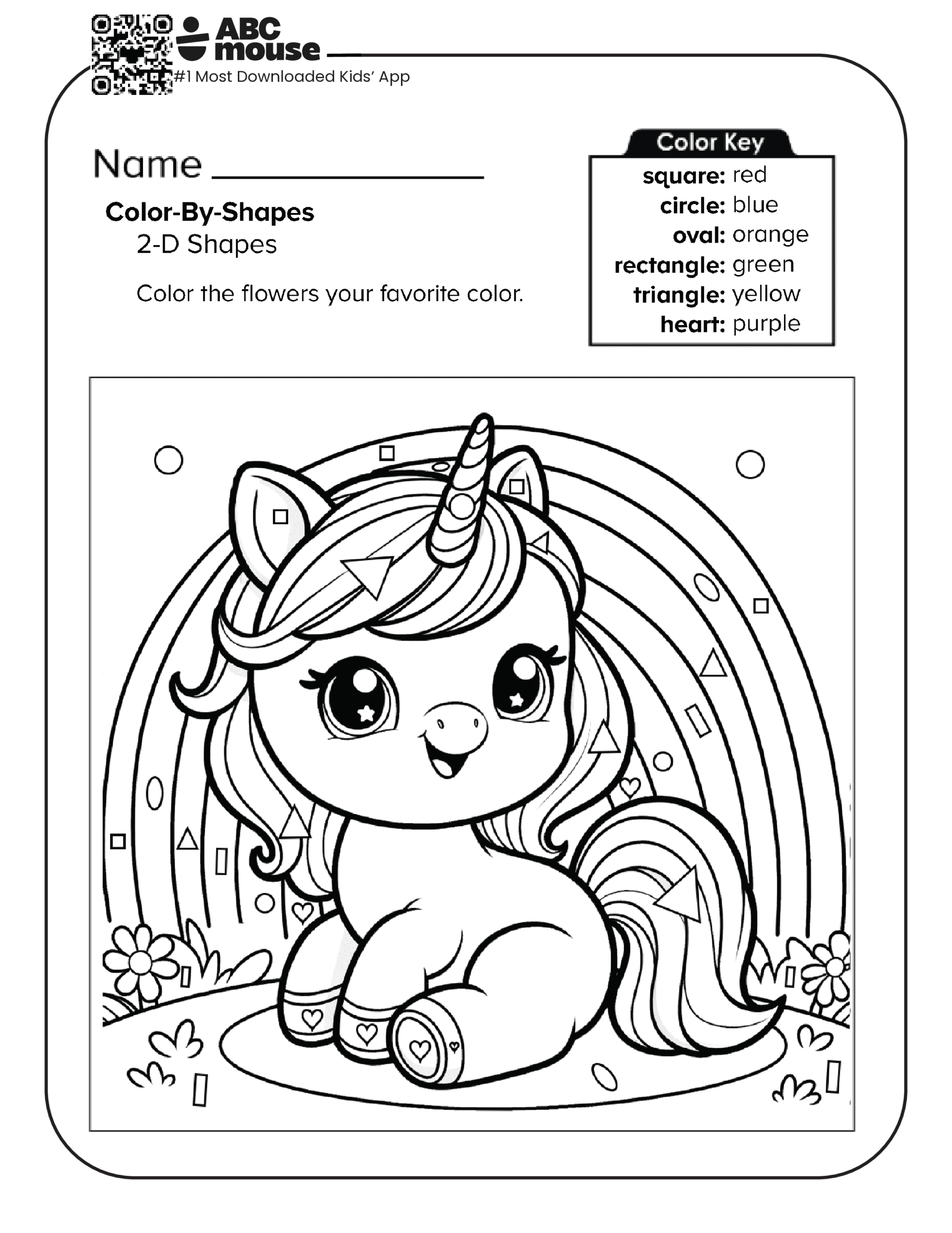 Color by Shape unicorn under a rainbow worksheet by ABCmouse.com.