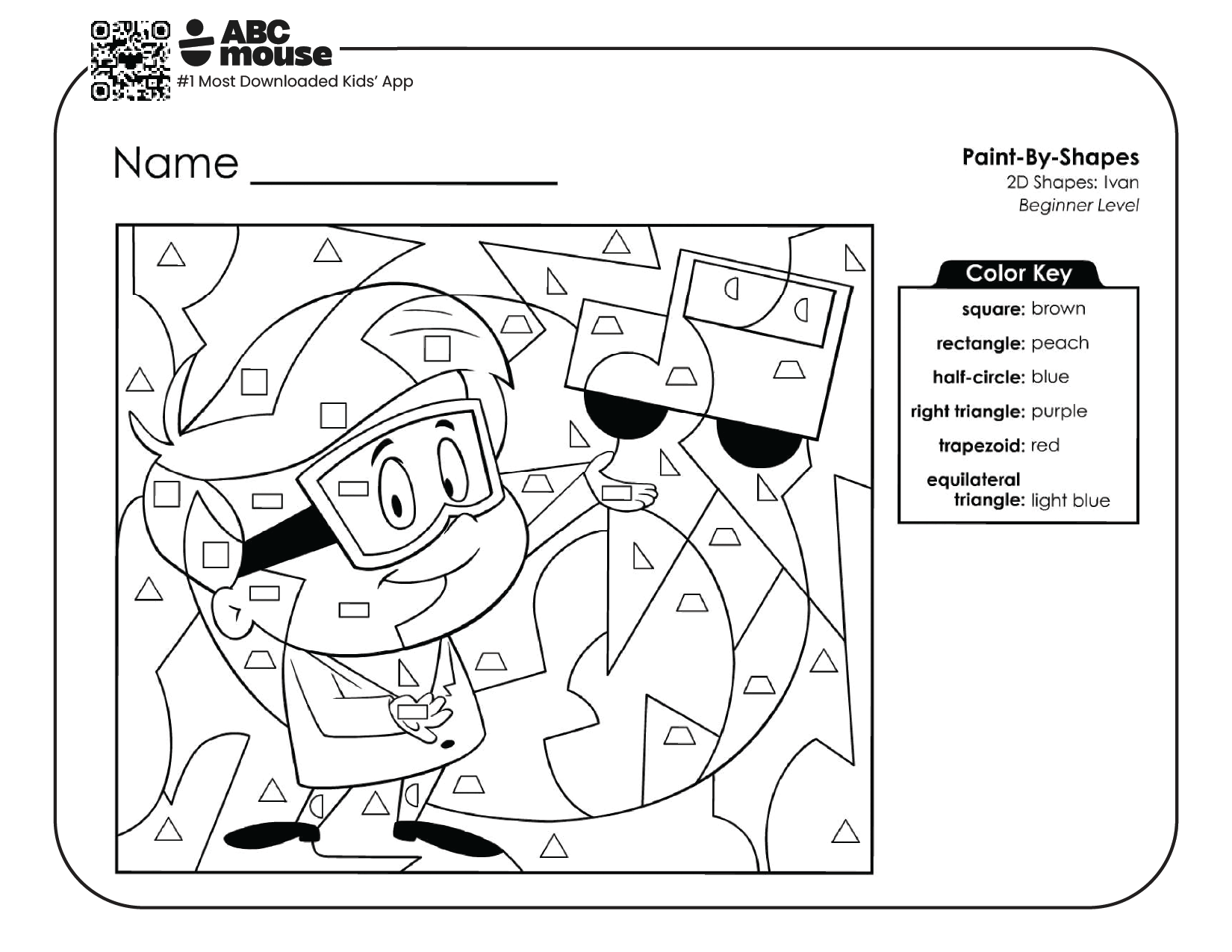 Free printable worksheet for kids from ABCmouse.com – color by shape Ivan beginner level