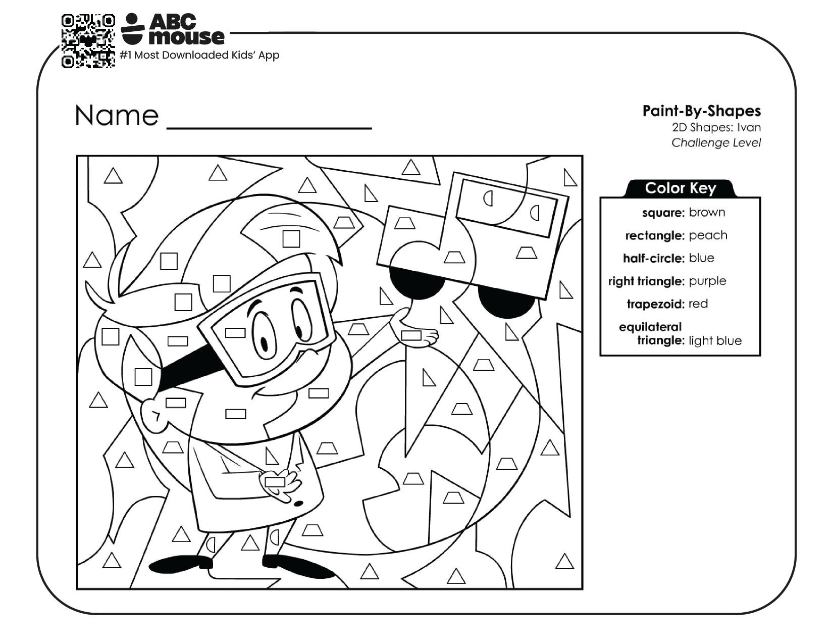 Free printable worksheet for kids from ABCmouse.com – color by shape Ivan challenge level