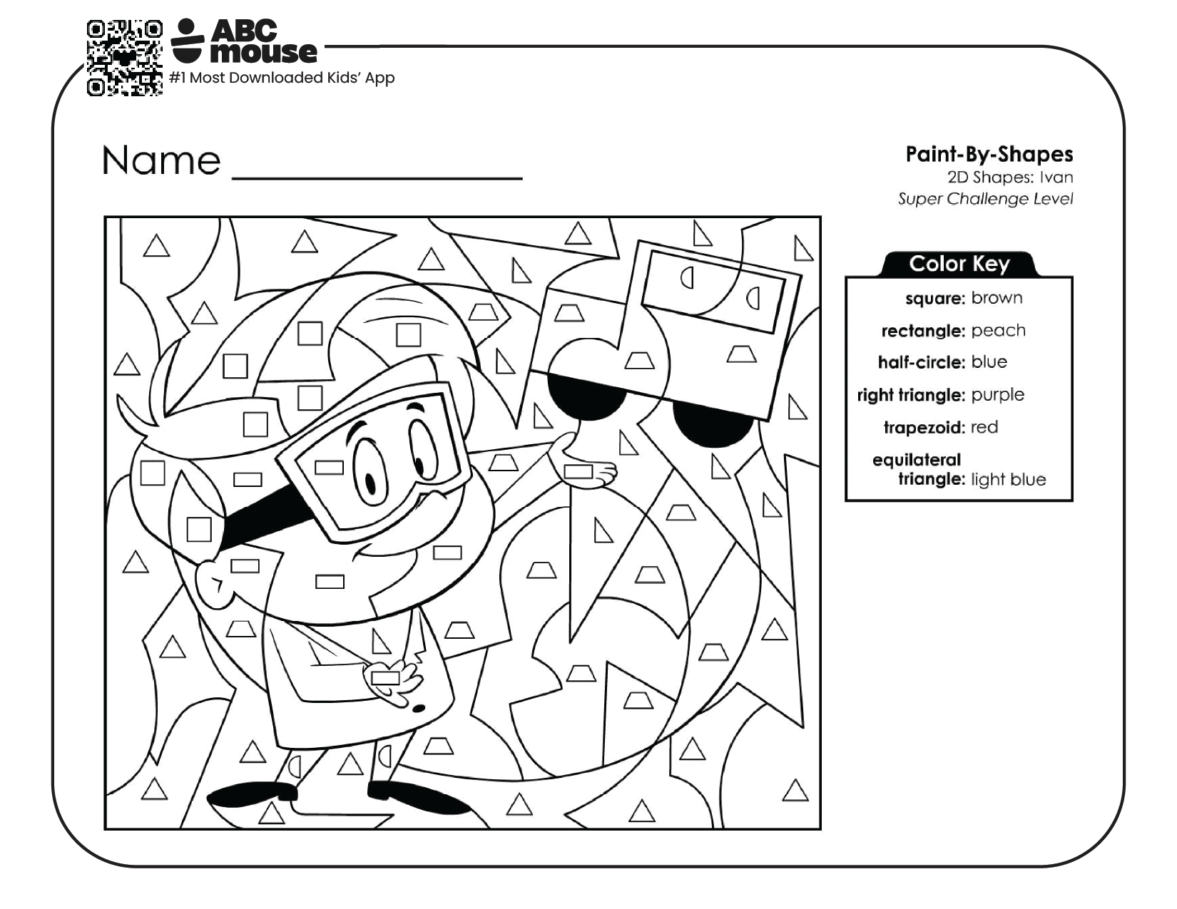 Free printable worksheet for kids from ABCmouse.com – color by shape Ivan super challenge level
