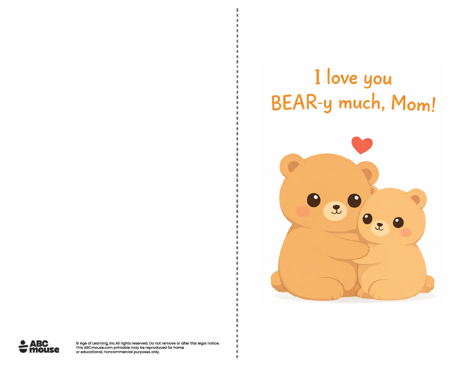 I love you beary-y much mom free printable mother's day card in color from ABCmouse.com.