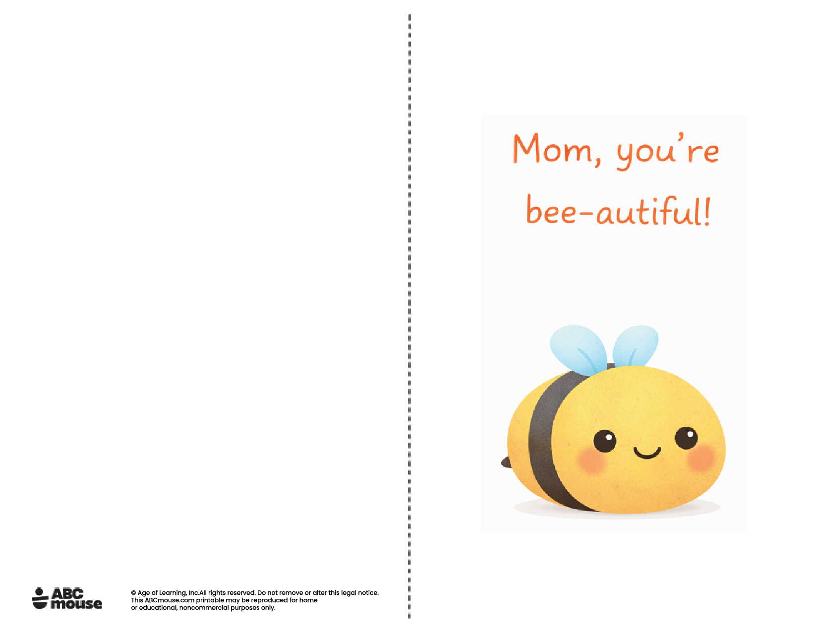 Mom you're bee-utiful free printable mother's day card in color from ABCmouse.com.