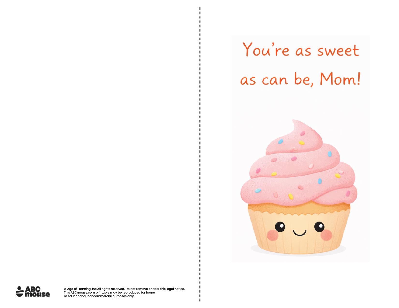 You're as sweet as can be mom free printable mother's day card in color from ABCmouse.com.