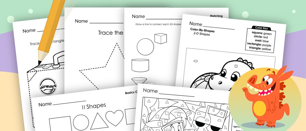 Collage of kids' worksheets featuring tracing, shapes, and color-key activities with a pencil and cartoon dragon illustration in the corner.