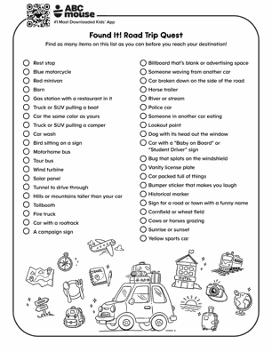 Free printable road trip scavenger hunt for kids from ABCmouse.com.