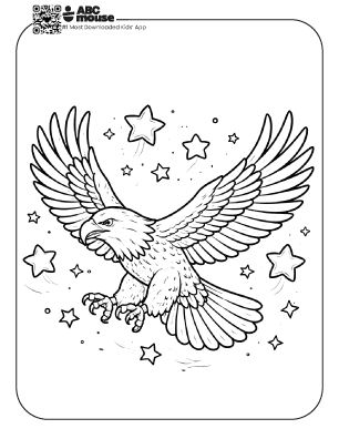 Free printable kids Memorial Day coloring page of an eagle flying with stars surrounding it.