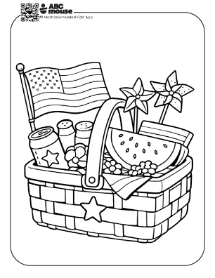 Free printable kids Memorial Day coloring page of a picnic basket filled with food, an American flag, and pinwheels.
