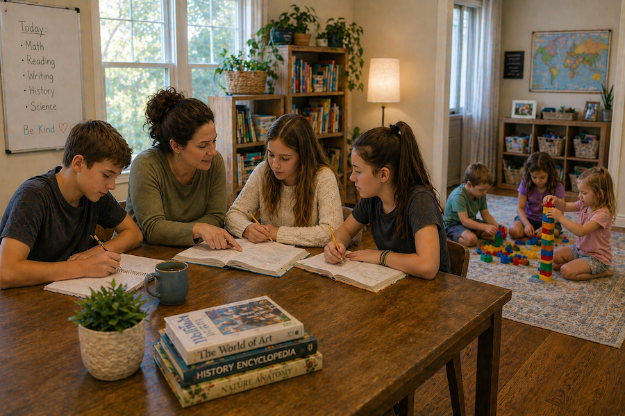 Teacher guides four students at a wooden table with notebooks in a cozy classroom; younger kids play with blocks in the background.