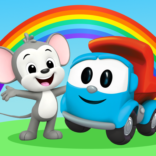 ABC and Leo the Truck in front of a rainbow!