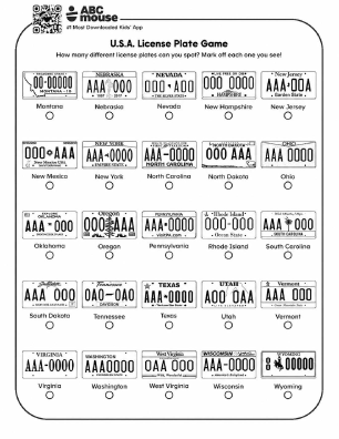 Free printable road trip license plate game in black and white for kids from ABCmouse.com.