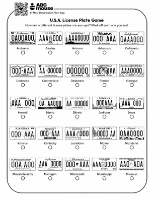Free printable road trip license plate game in black and white for kids from ABCmouse.com.