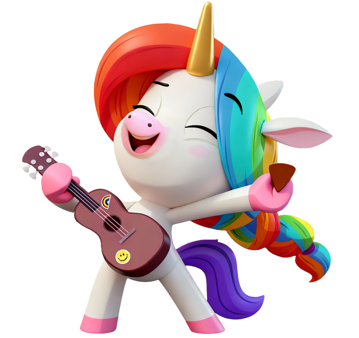 Rainbow-maned unicorn pony merrily playing a small brown guitar with a smiley sticker, mid-dance pose.