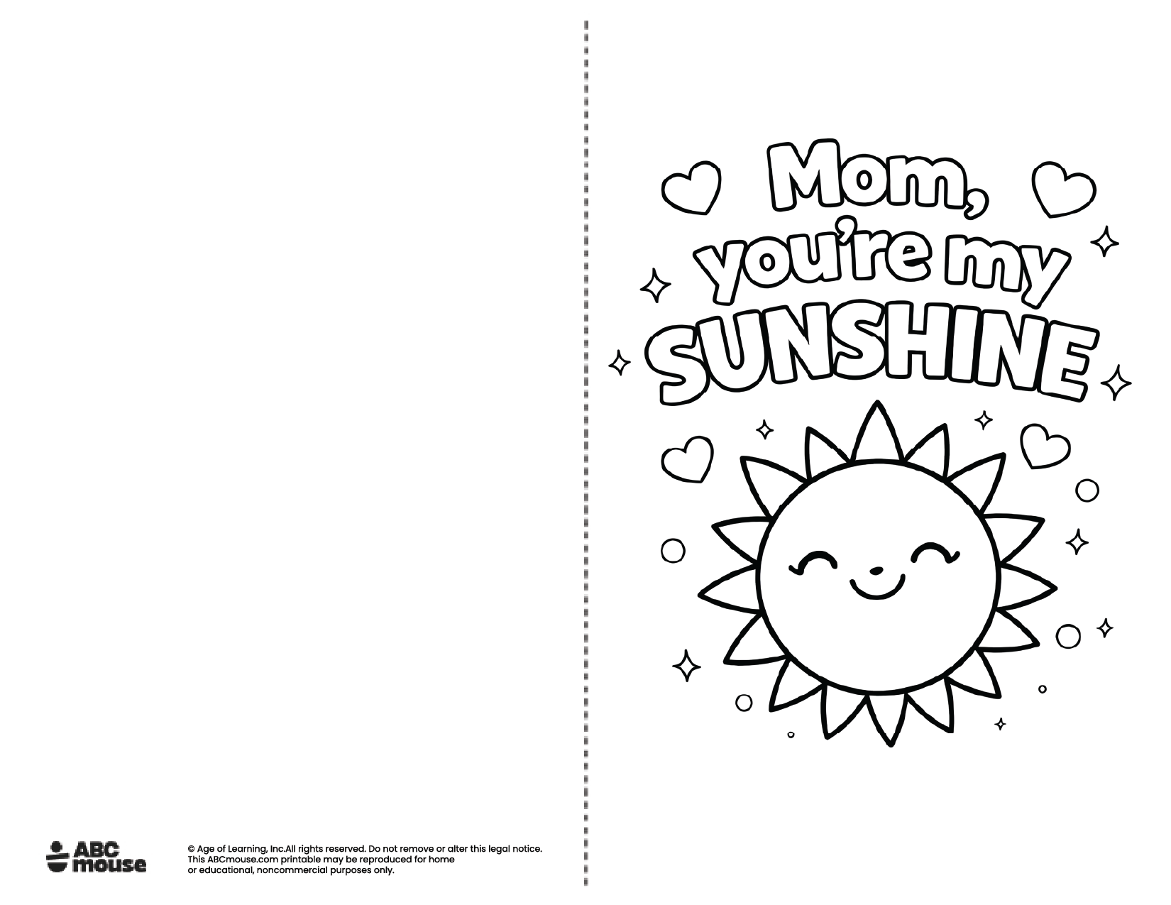 You are my sunshine Free printable Mother's Day Card to color from ABCmouse.com.