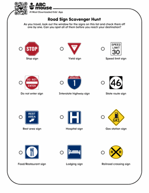 Free printable road trip road sign game in color for kids from ABCmouse.com.