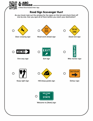 Free printable road trip road sign game in color for kids from ABCmouse.com.
