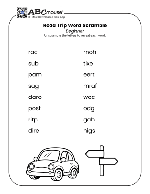 Free printable road trip road beginner word scramble for kids from ABCmouse.com.