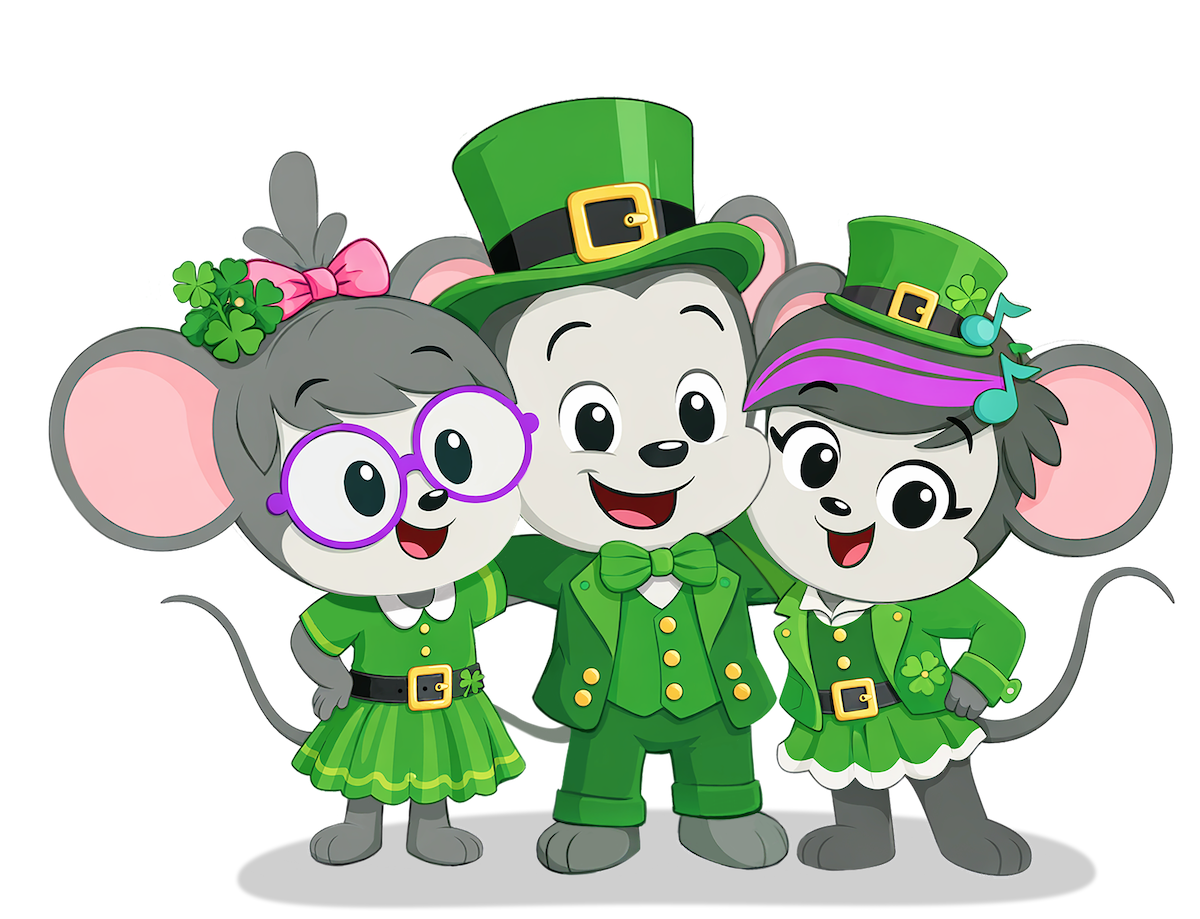 Three cheerful cartoon mice in green leprechaun outfits posing together for St. Patrick's Day, with hats and bows.